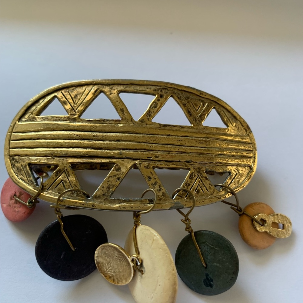 Vintage Gold color Brooch with Multicolor Charms